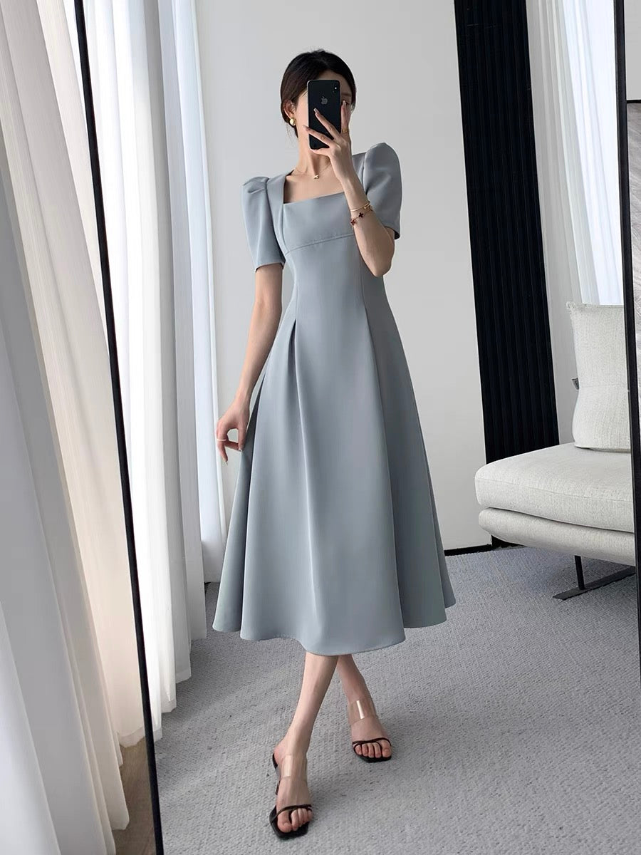 Guoge custom square neck dress 2022 summer new waist slim temperament goddess fan puff sleeve long skirt