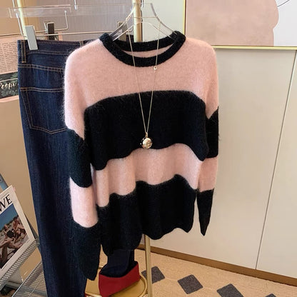 Black powder contrast color Korean style lazy style striped sweater women's 2022 autumn and winter wear new gentle loose knitted top