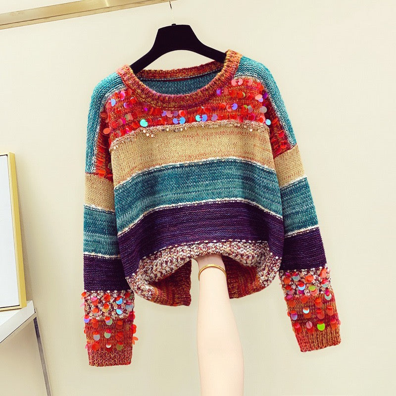 2022 autumn and winter Korean version of heavy industry color matching rainbow stripes sequins beading outerwear loose pullover sweater women's knitted sweater