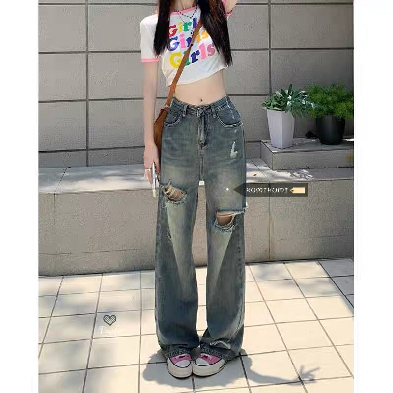 Kumi Kumi retro washed ripped pants loose jeans women summer high waist wide leg mopping pants long pants tide 2845