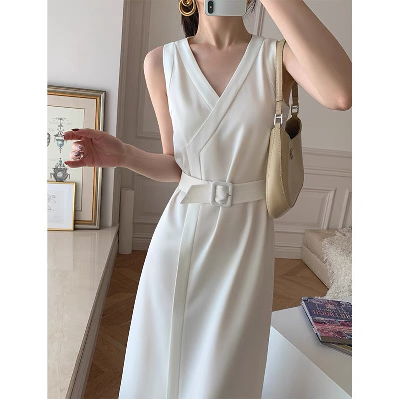 mona original summer elegant style belt commuter sleeveless dress women