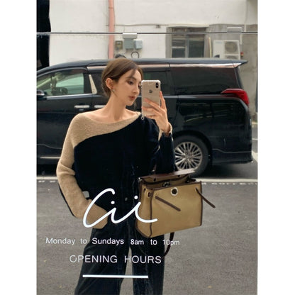 Xiaoxi/Xiao Department 2023 autumn and winter new Korean style color-blocking knitted sweater women's lazy loose mid-length sweater