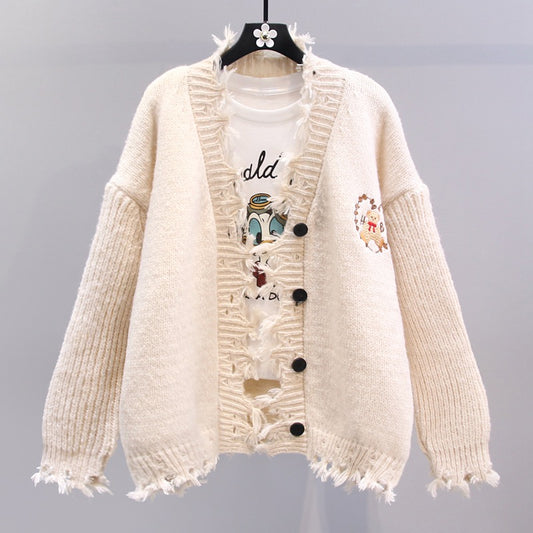 Hole Cartoon Embroidered Sweater Jacket Women Autumn and Winter 2023 New Loose Lazy Style Design Sense Knitted Cardigan