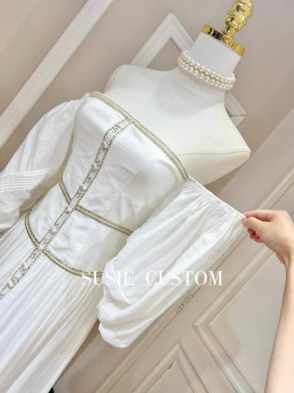 High customization heavy industry gold thread embroidery lace one-word collar tube top elastic big puff sleeves waist-breasted big swing long skirt