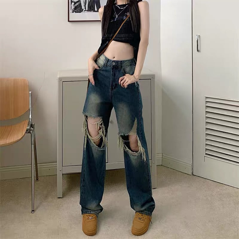 kumikumi fried street jeans women's design sense hole straight pants summer retro high waist loose wide leg pants 8238