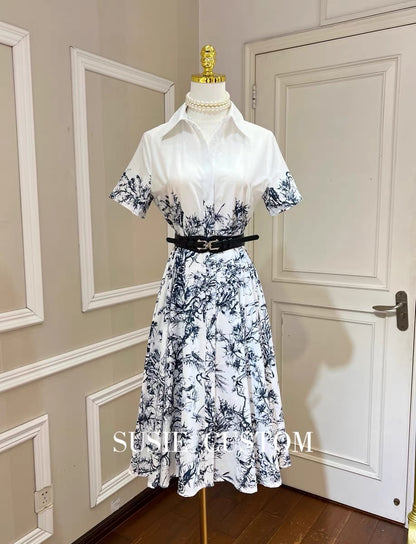 High-definition temperament design print small lapel short-sleeved waist A-line skirt hem shirt dress with belt