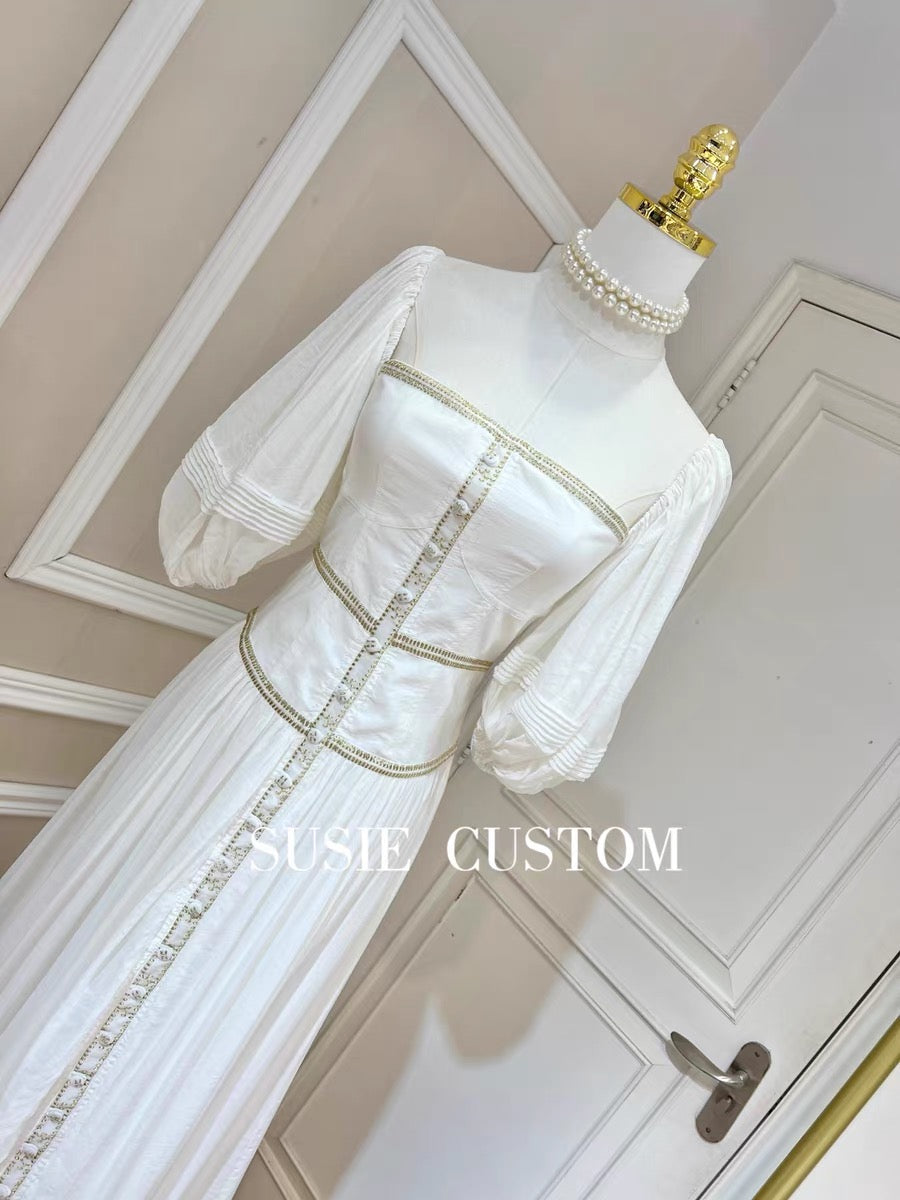 High customization heavy industry gold thread embroidery lace one-word collar tube top elastic big puff sleeves waist-breasted big swing long skirt