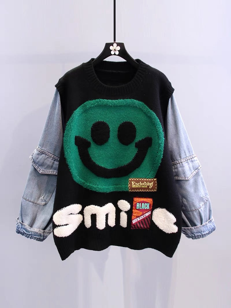 Denim stitching cartoon smiley sweater women's winter 2022 new Japanese style lazy style loose knitted top