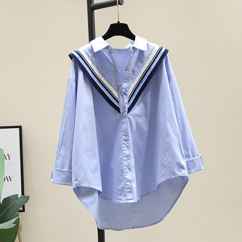 Blue cotton shirt women's 2023 spring new Korean version loose casual knitted wood ear side shirt top thin coat