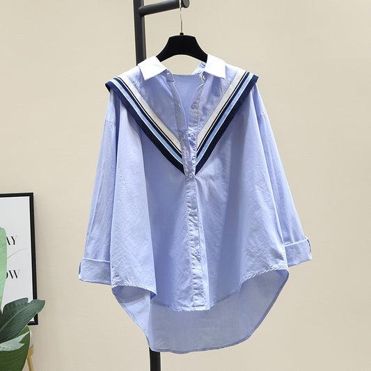 Blue cotton shirt women's 2023 spring new Korean version loose casual knitted wood ear side shirt top thin coat