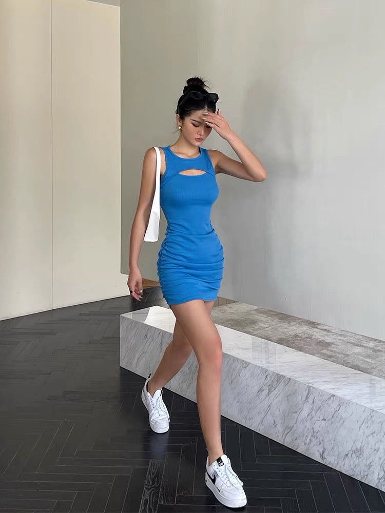 Well also blue sleeveless vest dress women's summer new slim waist hollow design sense package hip skirt