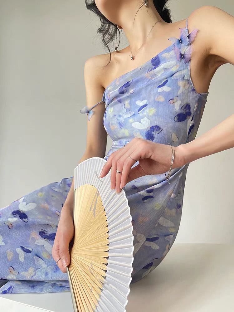 Aconiconi｜Butterfly between flowers French romantic high-end slim-fit temperament print design sense niche suspender skirt