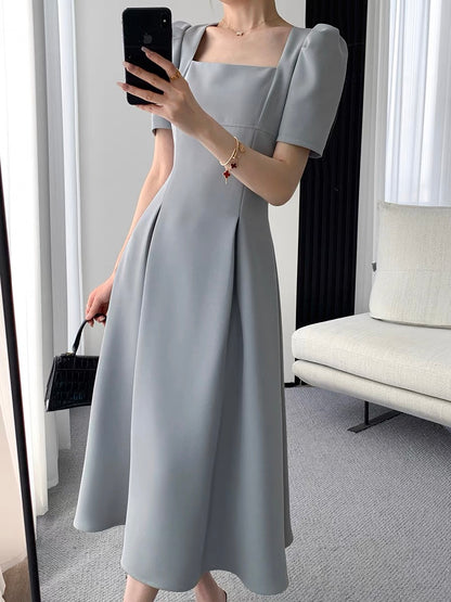 Guoge custom square neck dress 2022 summer new waist slim temperament goddess fan puff sleeve long skirt