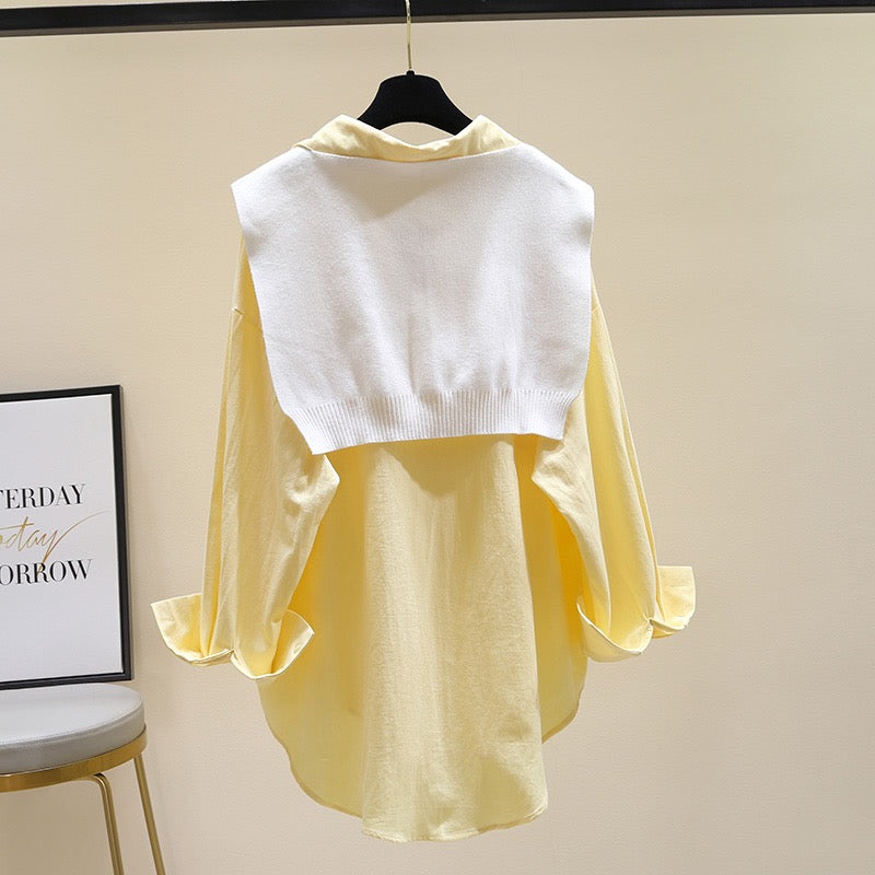 Two-piece shawl white shirt female 2023 spring new fashion loose yellow shirt casual design top