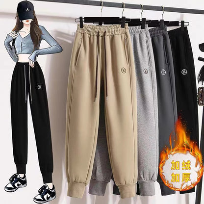 Pants women's 2022 autumn and winter new style plus velvet thickened leggings sweatpants Korean version loose embroidery R standard harem sweatpants