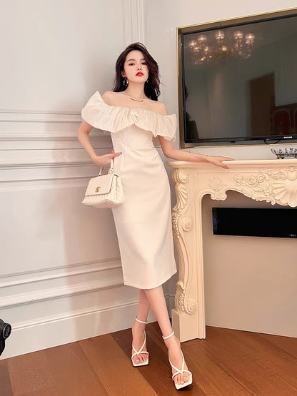 European station French ladies temperament one-shoulder fairy dress women's 2022 new summer waist slimming hip skirt