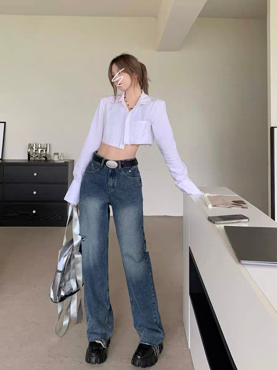 kumikumi blue jeans loose wide leg ripped pants summer raw edge straight pants high waist mopping pants women 2221