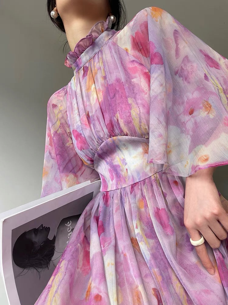 Aconiconi｜Yueyu Flower Sea Minority Design French Retro Oil Painting Print Tea Break Midi Dress