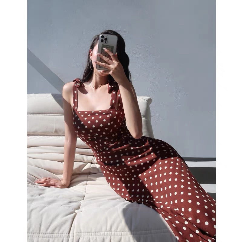 French retro temperament polka dot wide-brimmed suspender dress sexy lace waist slim side slit over the knee long skirt