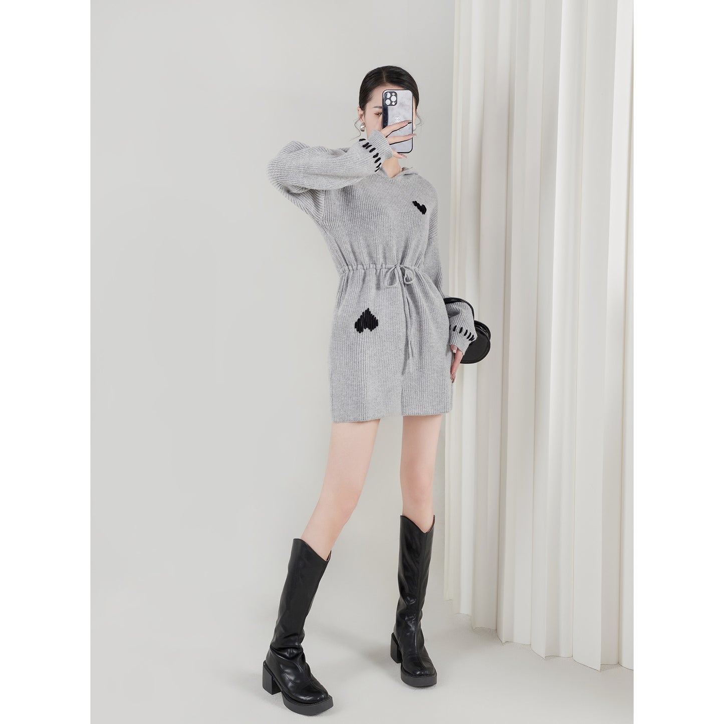 LLL LAB/ Knitted Dress Gray Hooded Waist Belt Black Love Gentle Tea Tea Air Small Skirt