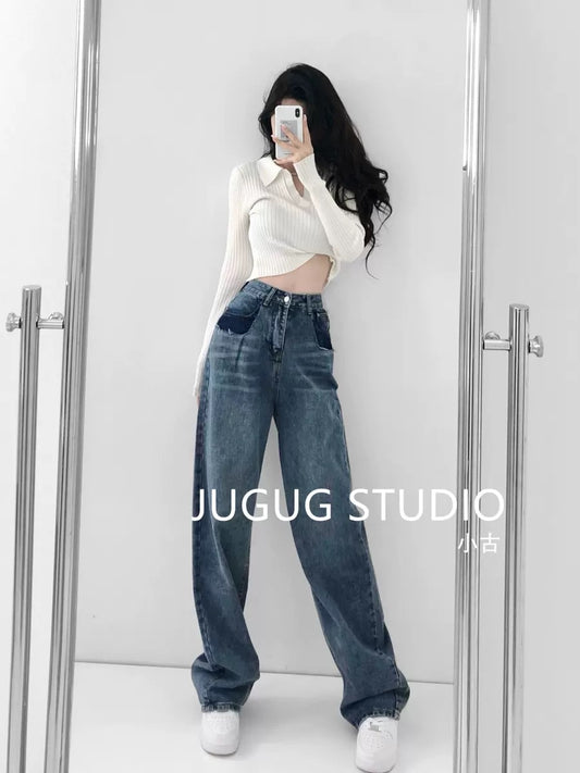 Hong Kong-style retro design high-waisted jeans women's spring and autumn thin and loose wide-leg straight-leg mopping trousers