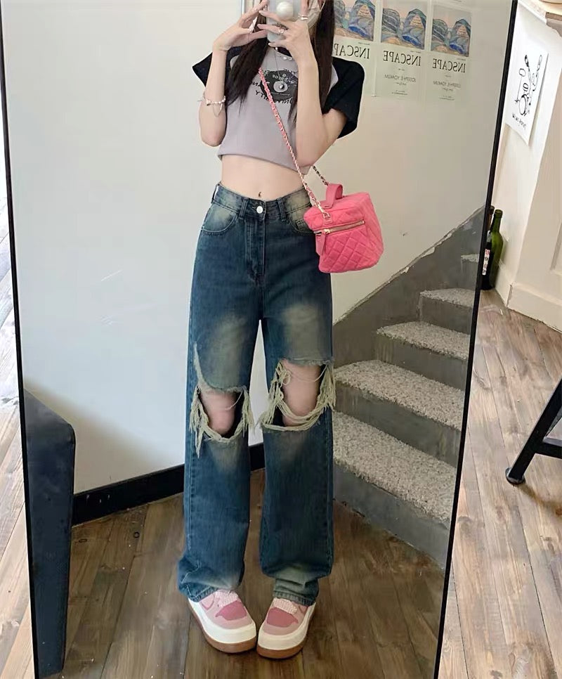 kumikumi fried street jeans women's design sense hole straight pants summer retro high waist loose wide leg pants 8238