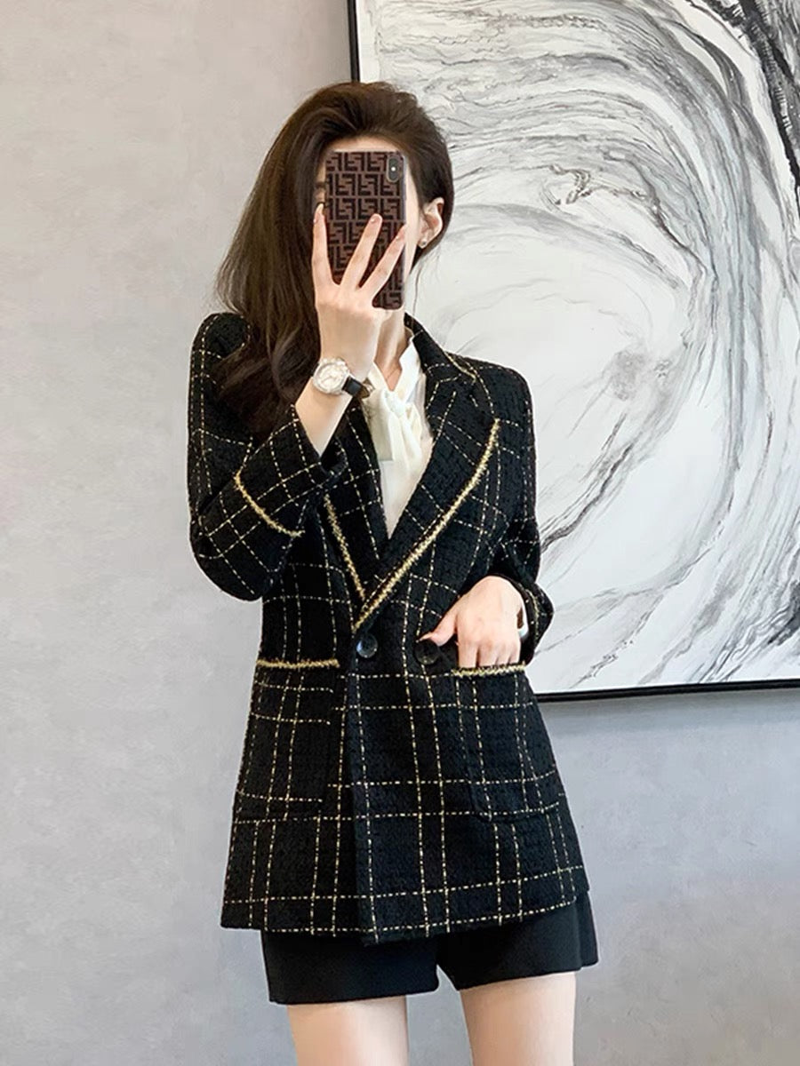 2022 spring new French retro British style slim fit and thin high-end tweed plaid suit jacket women