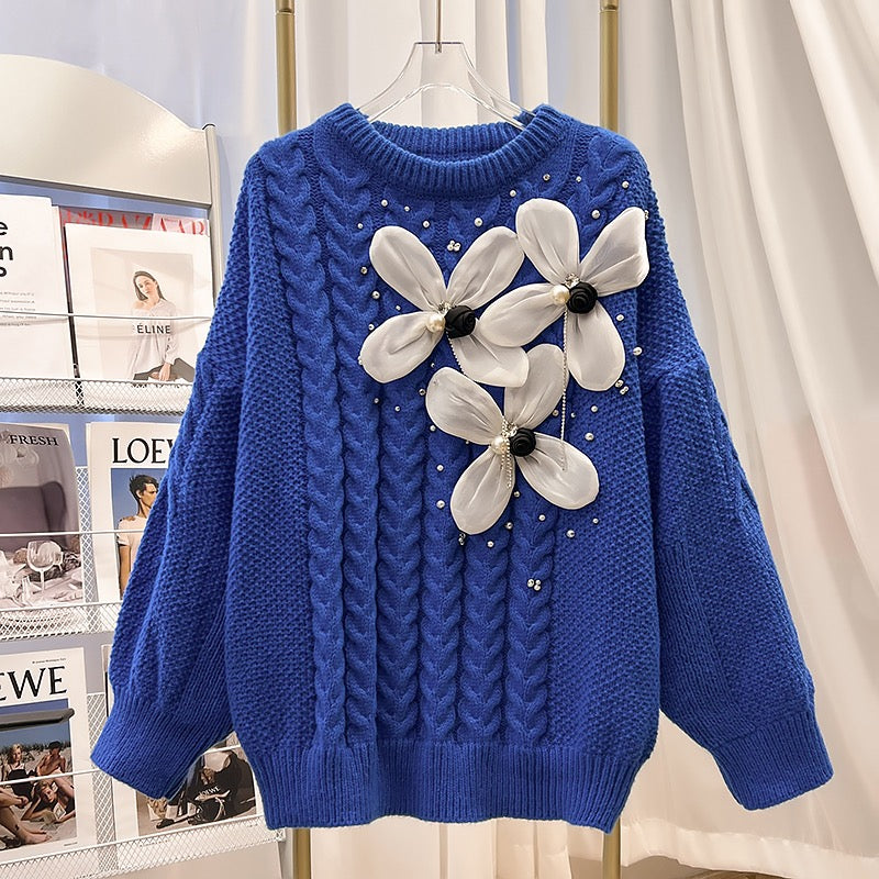 2022 autumn and winter new loose round neck pullover heavy industry foreign style three-dimensional flower beaded diamond sweater sweater women