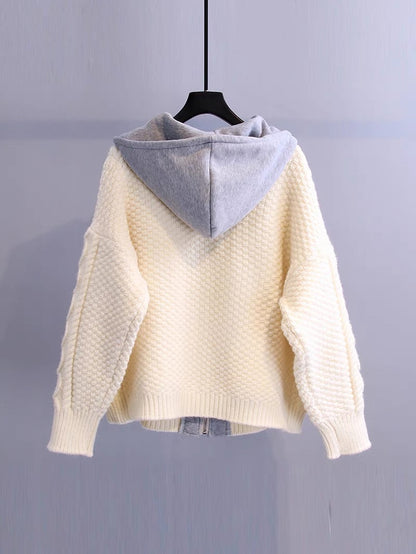 Color-blocking hooded twist sweater jacket women's 2022 autumn new Korean version loose thickening lazy wind knitted cardigan