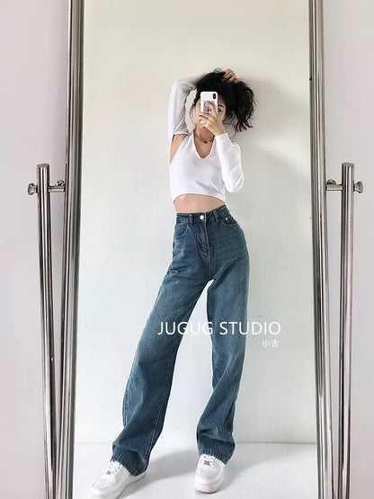 Europe and the United States loose high waist thin straight dark blue jeans women's casual summer wide leg trousers drapey mopping pants