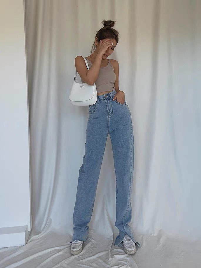 Autumn new style asymmetrical front and rear trousers slit high waist jeans women are thin straight loose mopping trousers women