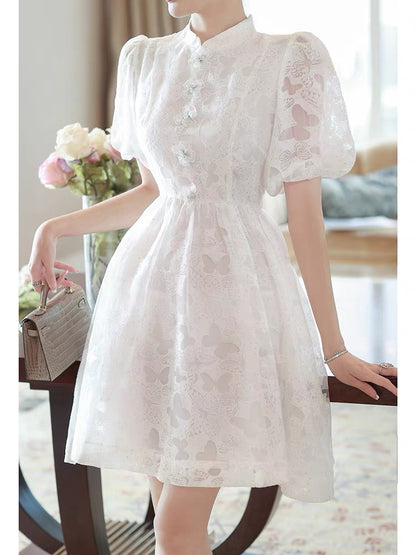 Sweet temperament puff sleeve dress summer girl 2022 new skirt new Chinese style white butterfly waist tutu skirt