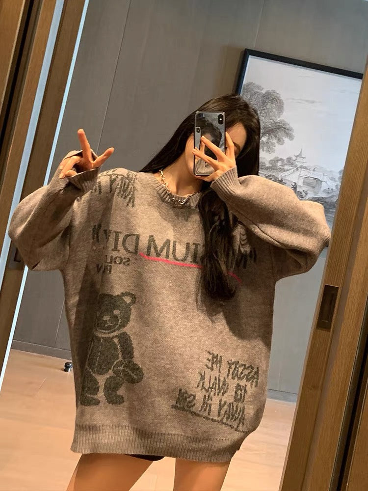 Korean Grey Cartoon Bear Sweater Women's Hong Kong Style Western-style Age-reducing Tops Autumn and Winter Loose Pullover Sweaters