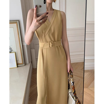 mona original summer elegant style belt commuter sleeveless dress women