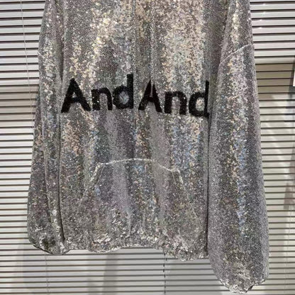 Net red with the same paragraph 2022 autumn new small fragrance heavy industry letter pattern full body sequins hooded large pocket sweater