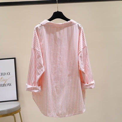 Striped shirt women's 2023 early spring new girly sense of wearing loose shirt long-sleeved ladies top short in front and long in back