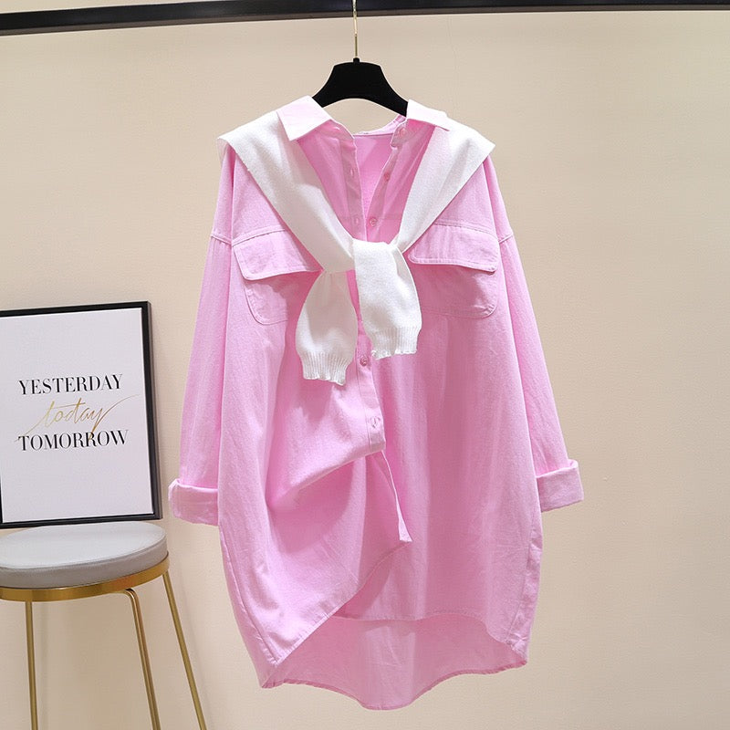 White shawl mid-length pink shirt women 2023 spring and autumn new Korean version loose casual shirt outerwear top