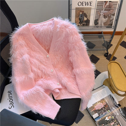 2022 autumn and winter new knitted cardigan soft waxy imitation fur mink velvet short V-neck all-match gentle wind sweater women