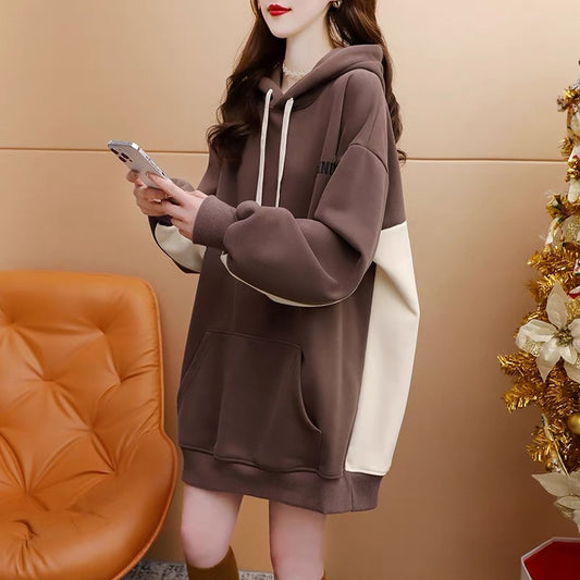 Fleece and thickened hooded sweater women's mid-length 2022 new autumn and winter hot style foreign style loose design coat