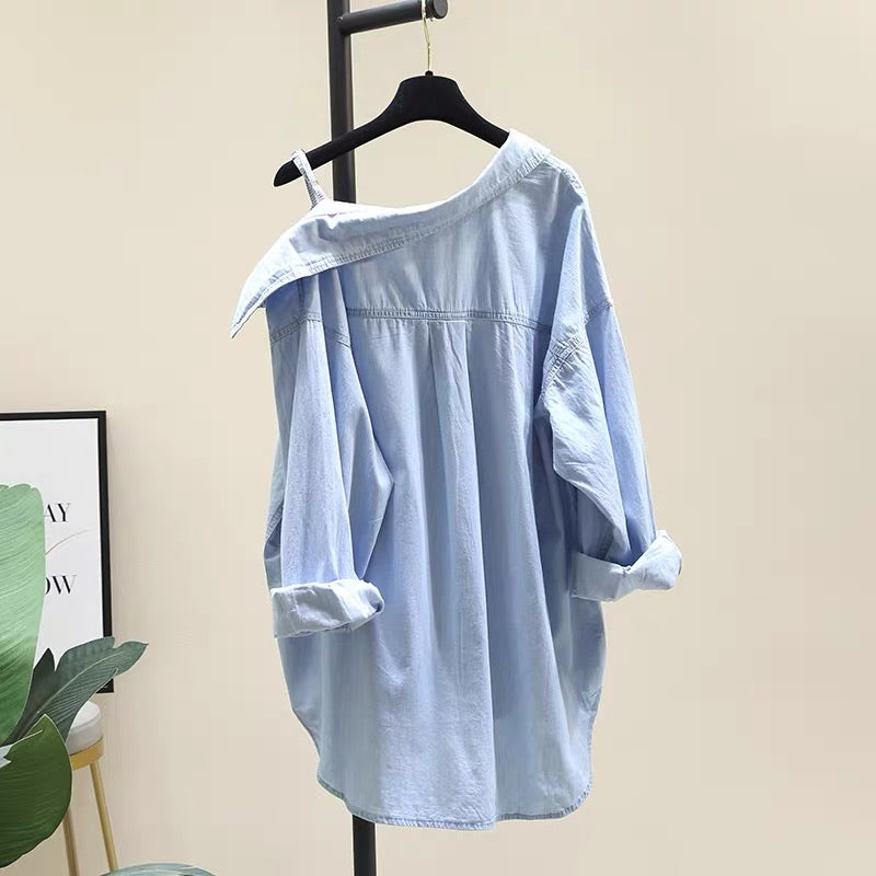 Irregular off-the-shoulder denim shirt women's 2022 spring and summer new loose casual fake two-piece shirt long-sleeved top trendy