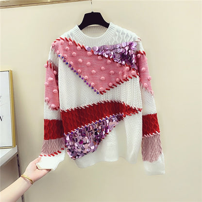 2021 autumn and winter new beaded sequined sweater women's fur ball geometric pattern color matching pullover sweater women's top trend