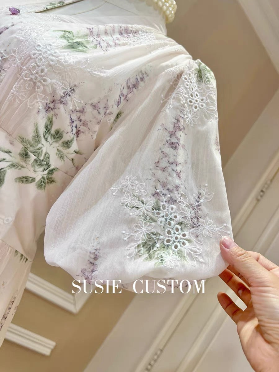 High Custom Heavy Industry Hollow Embroidery Flower Print Puff Sleeve Single Breasted Waist Swing V-Neck Long Skirt Dress