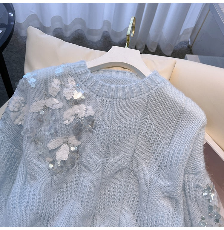 2022 autumn and winter new sequined twist sweater women's sweet western style lazy wind loose pullover sweater top tide