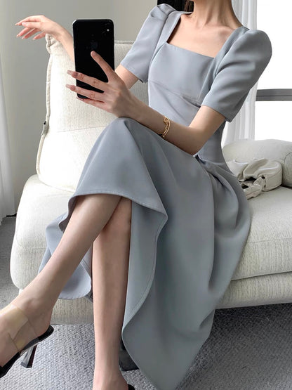 Guoge custom square neck dress 2022 summer new waist slim temperament goddess fan puff sleeve long skirt