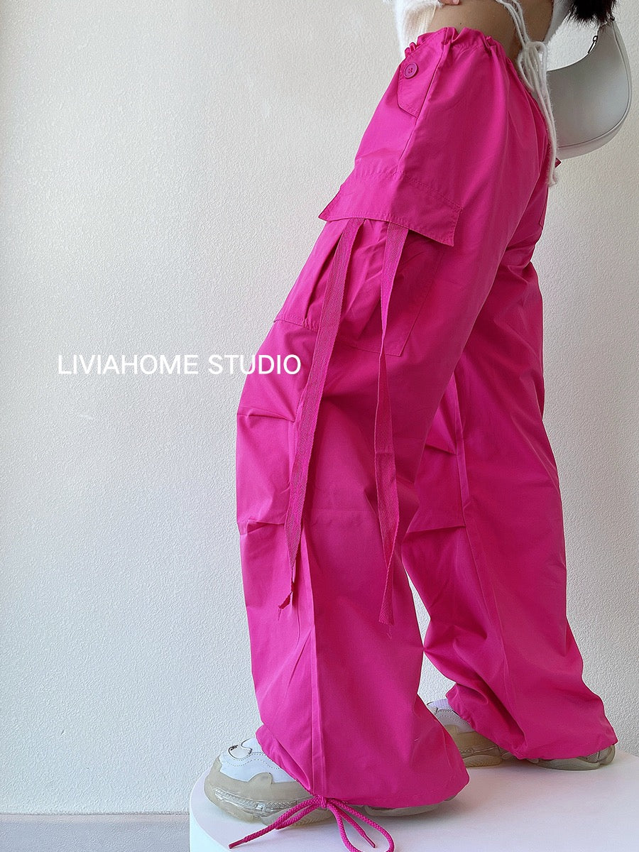 liviahome eye-catching pink overalls European and American hot girls street fashion high waist casual loose wide-leg pants women