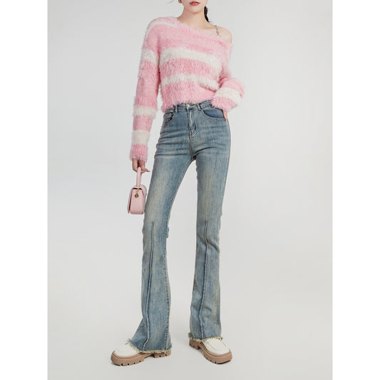 LLL LAB/tea sweater pink sweet sexy sling striped sweater French chic small top winter