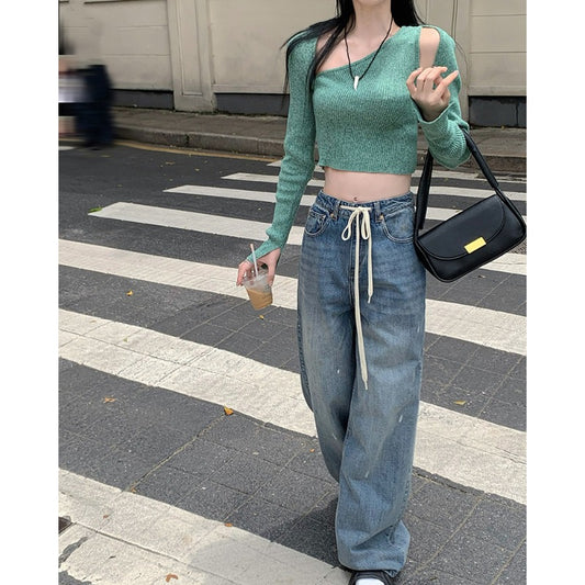 PPHOME comfortable denim ~ tall design sense tie high waist wide leg jeans loose mopping long trousers