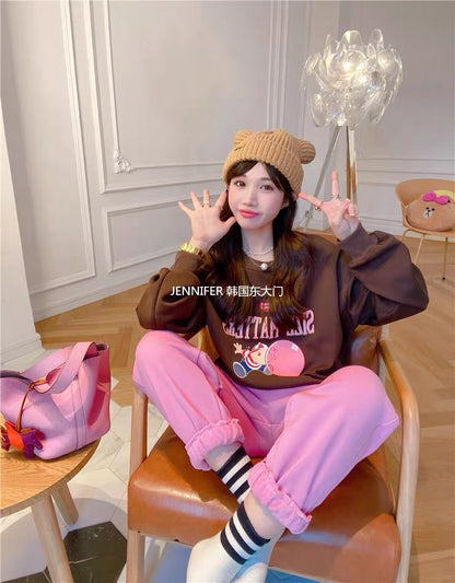 JENNIFER JXLIU Korean Winter~Cute Print Bubble Cartoon Pattern Chocolate Short Sweater