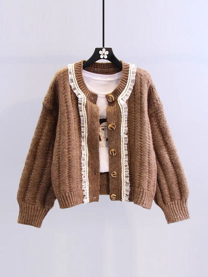 Xiaoxiangfeng lace stitching sweater coat women's autumn and winter 2022 new loose outer wear lazy wind knitted cardigan