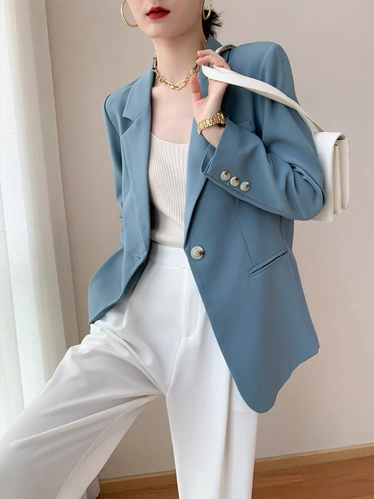 (Pre-Order) Blue small suit jacket 2022 spring and autumn new temperament loose high-end casual casual workplace ladies suit